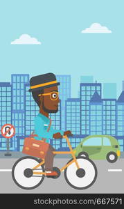 An african-american man with a briefcase cycling to work on city background vector flat design illustration. Vertical layout.. Man cycling to work.