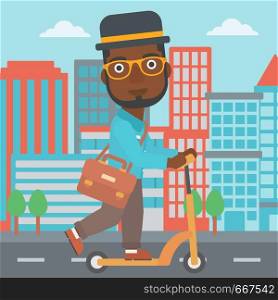 An african-american man with a briefcase riding to work on scooter on city background vector flat design illustration. Square layout.. Man riding on scooter.