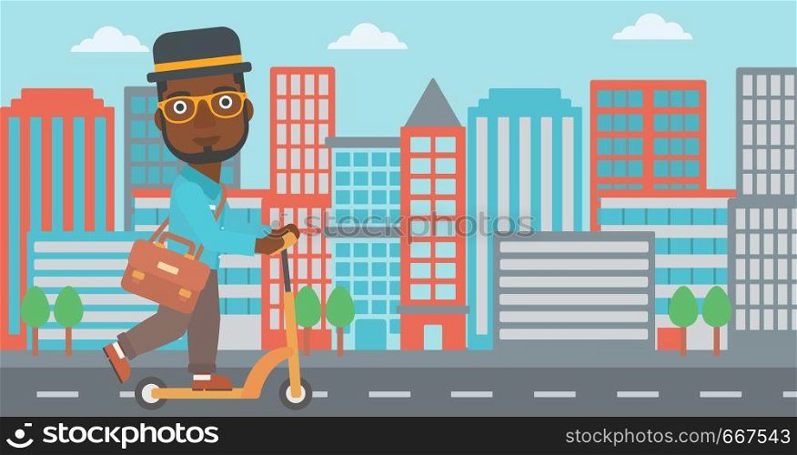An african-american man with a briefcase riding to work on scooter on city background vector flat design illustration. Horizontal layout.. Man riding on scooter.