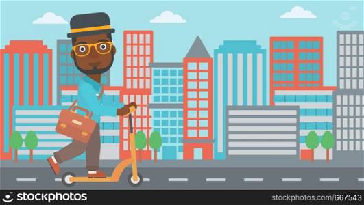 An african-american man with a briefcase riding to work on scooter on city background vector flat design illustration. Horizontal layout.. Man riding on scooter.
