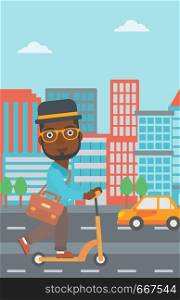 An african-american man with a briefcase riding to work on scooter on city background vector flat design illustration. Vertical layout.. Man riding on scooter.