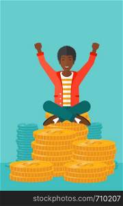 An african-american man with a happy face and raised hands sitting on golden coins on a blue background vector flat design illustration. Vertical layout.. Happy businessman sitting on coins.