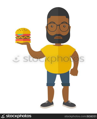 An african-american man with beard in sportswear holding hamburger vector flat design illustration isolated on white background. Vertical layout.. Man with hamburger.