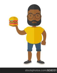 An african-american man with beard in sportswear holding hamburger vector flat design illustration isolated on white background. Vertical layout.. Man with hamburger.