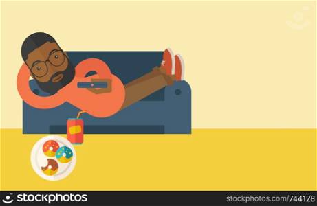 An african-american man with beard lying on a sofa holding a remote with three donuts on the plate and soda on the floor vector flat design illustration. Horizontal layout with a text space.. Man lying on sofa.