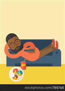 An african-american man with beard lying on a sofa holding a remote with three donuts on the plate and soda on the floor vector flat design illustration. Vertical layout with a text space.. Man lying on sofa.