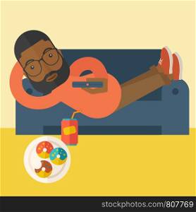 An african-american man with beard lying on a sofa holding a remote with three donuts on the plate and soda on the floor vector flat design illustration. Square layout.. Man lying on sofa.