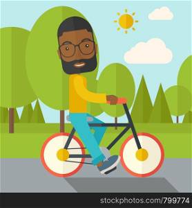 An african-american man with beard riding a bicycle in park vector flat design illustration. Sport concept. Square layout.. Byciclist.