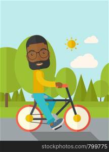 An african-american man with beard riding a bicycle in park vector flat design illustration. Sport concept. Vertical layout with a text space.. Byciclist.