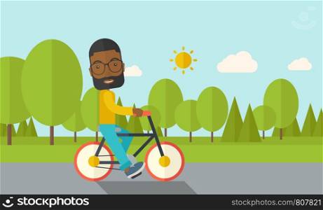 An african-american man with beard riding a bicycle in park vector flat design illustration. Sport concept. Horizontal layout with a text space.. Byciclist.