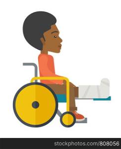 An african-american man with broken leg siting in the wheelchair vector flat design illustration isolated on white background. Vertical poster layout.. Patient in wheelchair.