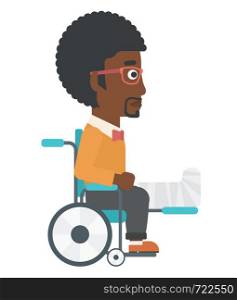 An african-american man with broken leg sitting in wheelchair vector flat design illustration isolated on white background. . Patient sitting in wheelchair.