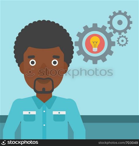 An african-american man with business idea bulb in gear. Young businessman having a business idea. Successful business idea concept. Vector flat design illustration. Square layout.. Man with business idea bulb in gear.