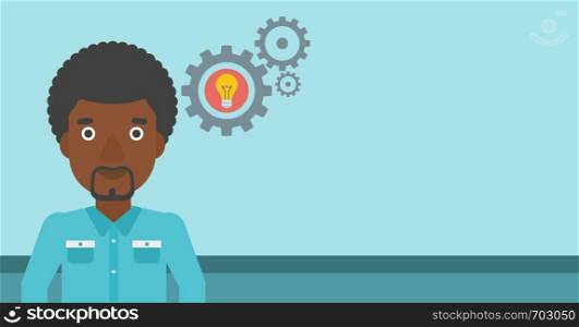 An african-american man with business idea bulb in gear. Young businessman having a business idea. Successful business idea concept. Vector flat design illustration. Horizontal layout.. Man with business idea bulb in gear.