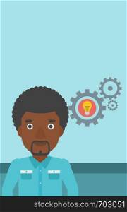 An african-american man with business idea bulb in gear. Young businessman having a business idea. Successful business idea concept. Vector flat design illustration. Vertical layout.. Man with business idea bulb in gear.