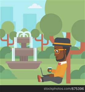 An african-american man with cup of coffee studying in park using a laptop vector flat design illustration. Square layout.. Man using laptop for education.