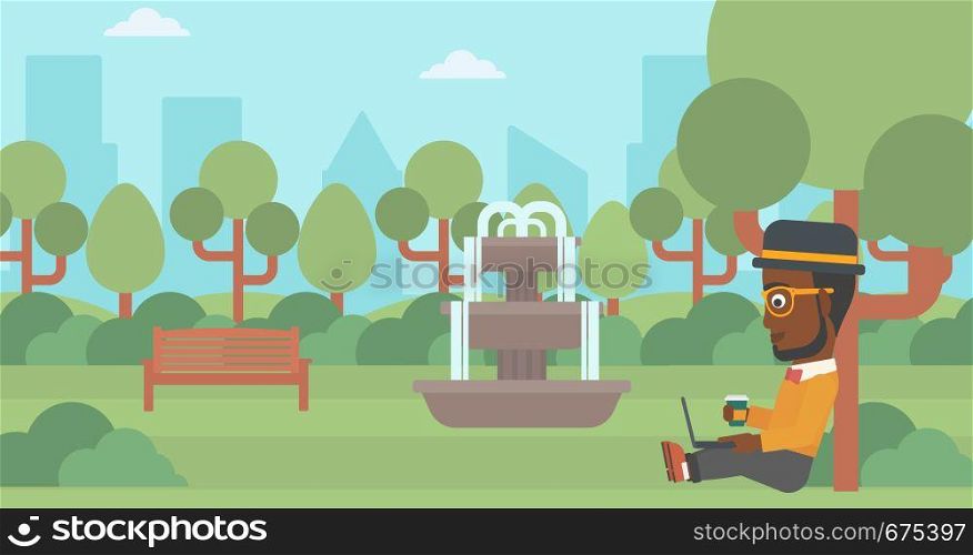 An african-american man with cup of coffee studying in park using a laptop vector flat design illustration. Horizontal layout.. Man using laptop for education.
