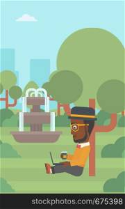 An african-american man with cup of coffee studying in park using a laptop vector flat design illustration. Vertical layout.. Man using laptop for education.