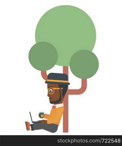An african-american man with cup of coffee studying in park using a laptop vector flat design illustration isolated on white background. . Man using laptop for education.
