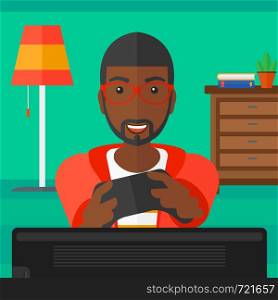 An african-american man with gamepad in hands on a living room background vector flat design illustration. Square layout.. Man playing video game.