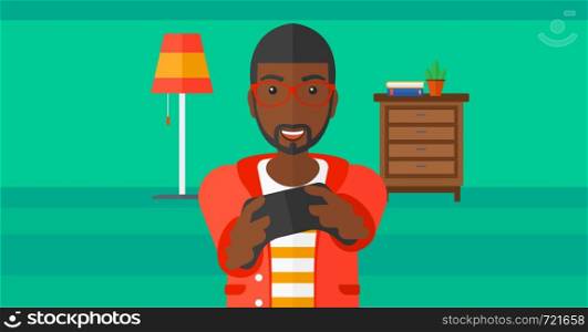 An african-american man with gamepad in hands on a living room background vector flat design illustration. Horizontal layout.. Man playing video game.