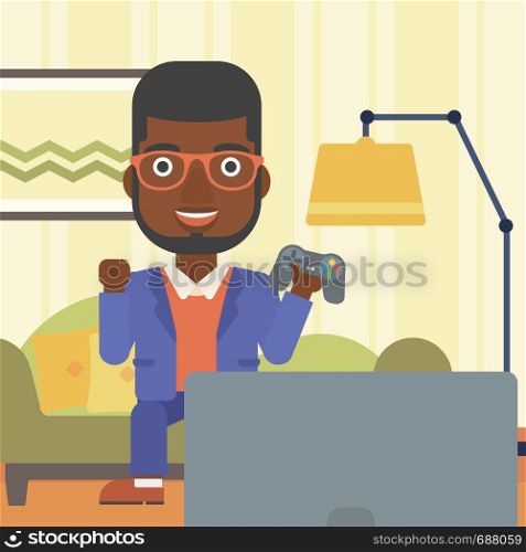 An african-american man with gamepad in hands sitting on a sofa in living room vector flat design illustration. Square layout.. Man playing video game.