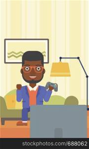 An african-american man with gamepad in hands sitting on a sofa in living room vector flat design illustration. Vertical layout.. Man playing video game.