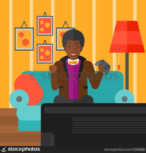 An african-american man with gamepad in hands sitting on a sofa in living room vector flat design illustration. Square layout.. Man playing video game.