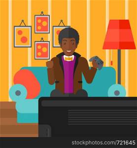 An african-american man with gamepad in hands sitting on a sofa in living room vector flat design illustration. Square layout.. Man playing video game.