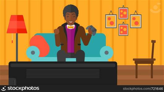 An african-american man with gamepad in hands sitting on a sofa in living room vector flat design illustration. Horizontal layout.. Man playing video game.