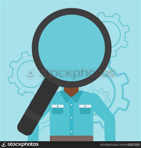 An african-american man with magnifier instead of head standing on a blue background with cogwheels. Concept of staff recruitment. Vector flat design illustration. Square layout.. Man with magnifier instead of head.