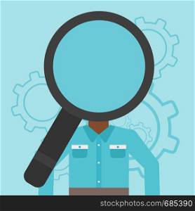 An african-american man with magnifier instead of head standing on a blue background with cogwheels. Concept of staff recruitment. Vector flat design illustration. Square layout.. Man with magnifier instead of head.