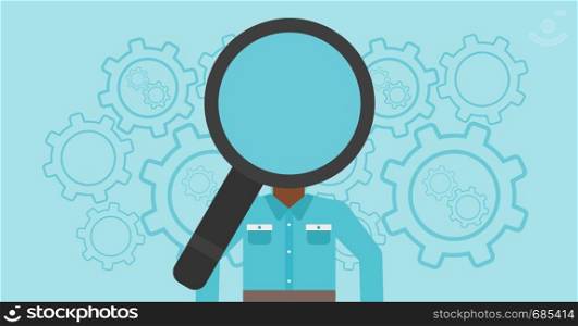 An african-american man with magnifier instead of head standing on a blue background with cogwheels. Concept of staff recruitment. Vector flat design illustration. Horizontal layout.. Man with magnifier instead of head.