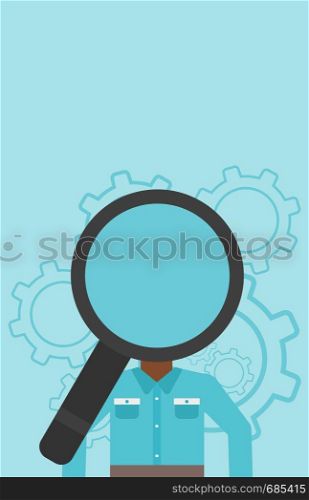 An african-american man with magnifier instead of head standing on a blue background with cogwheels. Concept of staff recruitment. Vector flat design illustration. Vertical layout.. Man with magnifier instead of head.
