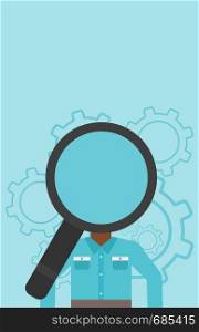 An african-american man with magnifier instead of head standing on a blue background with cogwheels. Concept of staff recruitment. Vector flat design illustration. Vertical layout.. Man with magnifier instead of head.