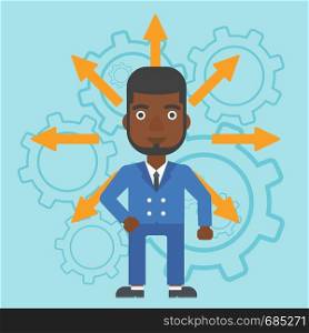An african-american man with many arrows around his head standing on background with cogwheels. Concept of career choices. Vector flat design illustration. Square layout.. Man choosing career way.