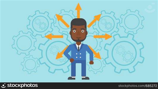 An african-american man with many arrows around his head standing on background with cogwheels. Concept of career choices. Vector flat design illustration. Horizontal layout.. Man choosing career way.