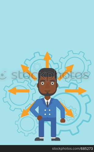 An african-american man with many arrows around his head standing on background with cogwheels. Concept of career choices. Vector flat design illustration. Vertical layout.. Man choosing career way.