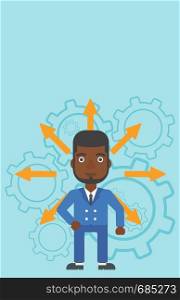An african-american man with many arrows around his head standing on background with cogwheels. Concept of career choices. Vector flat design illustration. Vertical layout.. Man choosing career way.