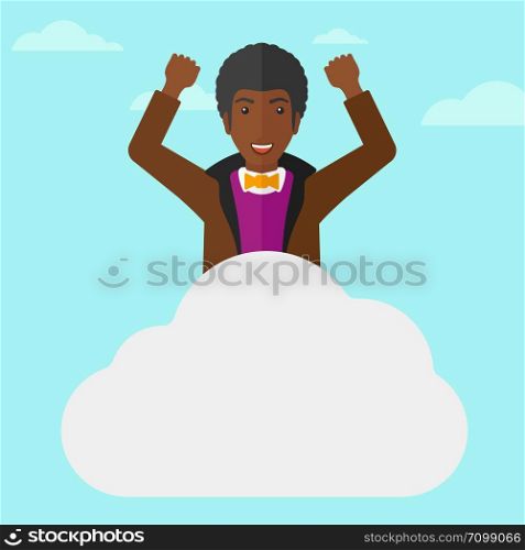 An african-american man with raised hands sitting on a cloud on the background of blue sky vector flat design illustration. Square layout. . Man sitting on cloud.