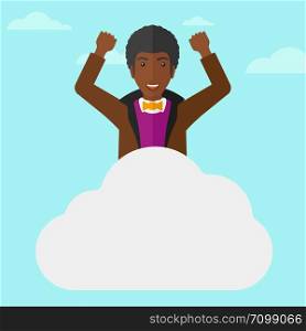 An african-american man with raised hands sitting on a cloud on the background of blue sky vector flat design illustration. Square layout. . Man sitting on cloud.