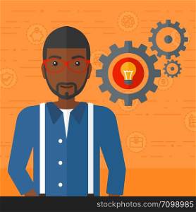 An african-american man with some gears behind him and a light bulb in one of gears on an orange background with business icons vector flat design illustration. Square layout.. Man with bulb and gears.