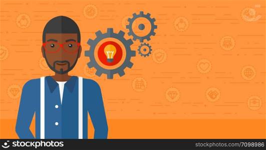 An african-american man with some gears behind him and a light bulb in one of gears on an orange background with business icons vector flat design illustration. Horizontal layout.. Man with bulb and gears.