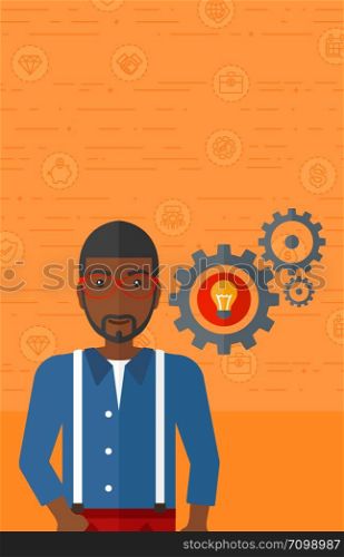 An african-american man with some gears behind him and a light bulb in one of gears on an orange background with business icons vector flat design illustration. Vertical layout.. Man with bulb and gears.