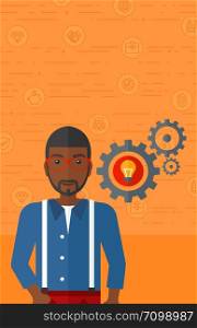 An african-american man with some gears behind him and a light bulb in one of gears on an orange background with business icons vector flat design illustration. Vertical layout.. Man with bulb and gears.