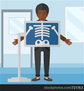 An african-american man with x-ray screen showing his skeleton on the background of medical office vector flat design illustration. Square layout.. Patient during x-ray procedure.