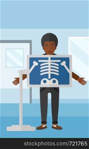 An african-american man with x-ray screen showing his skeleton on the background of medical office vector flat design illustration. Vertical layout.. Patient during x-ray procedure.