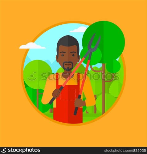 An african-american man working in the garden with pruner. A gardener is going to trim branches of a tree. Gardener pruning a tree. Vector flat design illustration in the circle isolated on background. Farmer with pruner in garden vector illustration.