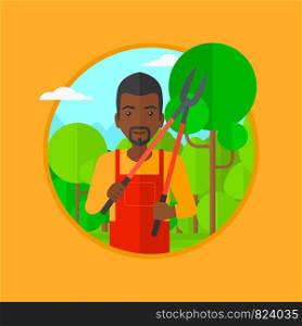 An african-american man working in the garden with pruner. A gardener is going to trim branches of a tree. Gardener pruning a tree. Vector flat design illustration in the circle isolated on background. Farmer with pruner in garden vector illustration.
