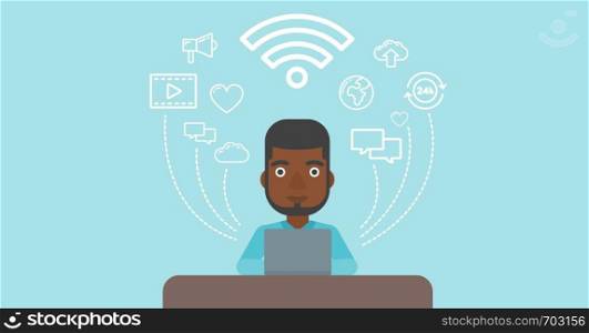 An african-american man working on a laptop and social computer network icons above him. Vector flat design illustration. Horizontal layout.. Man working on laptop vector illustration.